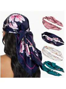 TOP Lenço de Cetim multiuso 90x90 Cropped Bandana Turbante Floral - Azul Marinho - Visão 5