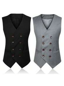 tooluck Men's Solid Color Double Button Fake Pocket Design Regular Sleeveless Deep V-Neck Suit Vest - 黑色 - 查看 3