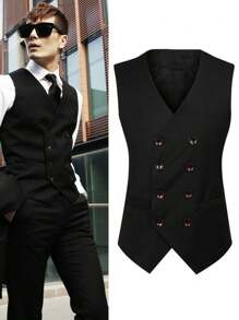tooluck Men's Solid Color Double Button Fake Pocket Design Regular Sleeveless Deep V-Neck Suit Vest - 黑色 - 查看 1