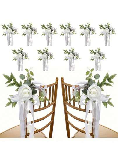 1/2/5 件白色/黄色玫瑰花装饰丝带，优雅的玫瑰花饰搭配绿叶和丝带，适用于婚礼过道装饰、婚宴桌椅装饰、婚礼宾客椅背花、生日派对装饰、婚礼摄影道具