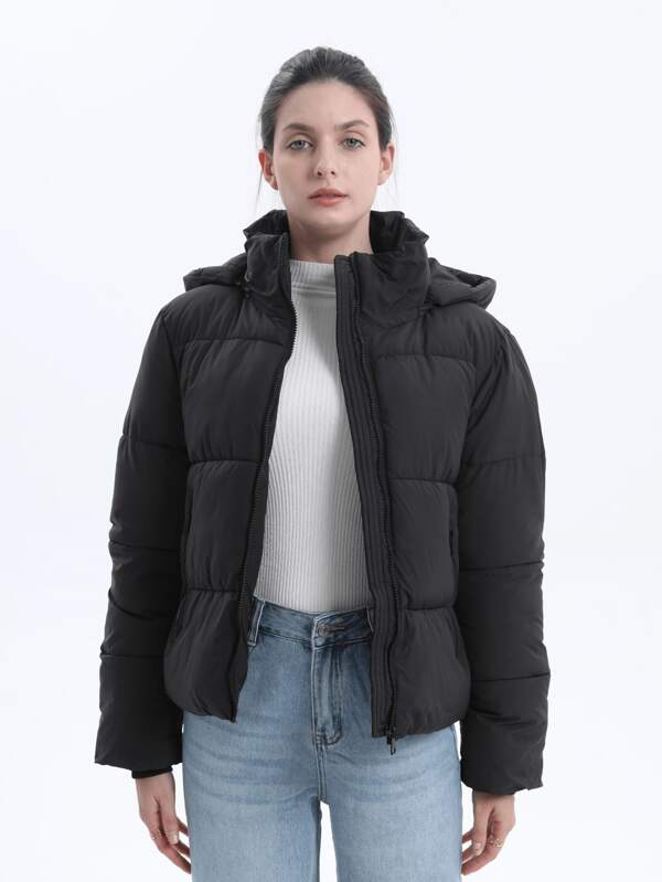 Women's Winter Puffer Jackets With Removable Hood,Zip Pockets,Stand Collar,Warm Ladies Quilted Coat