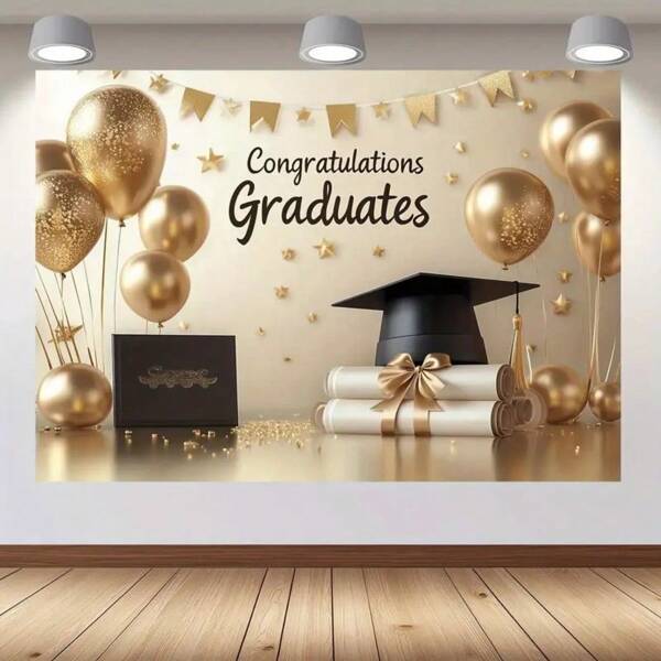 1pc Graduation Party Backdrop Banner, Polyester Fabric Wall Covering, Floral Congratulations Design, No Electricity Needed, Multipurpose Decor For Living Room, Bedroom, Office, Outdoor