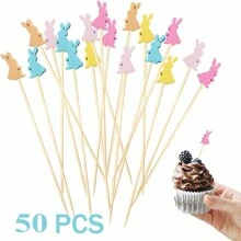 100/50Pcs Easter Toothpicks For Appetizers, 4.7 Inch Natural Bamboo Picks For Cake Dessert Food Fruit Easter Party Decorations - Animal Series - View 8