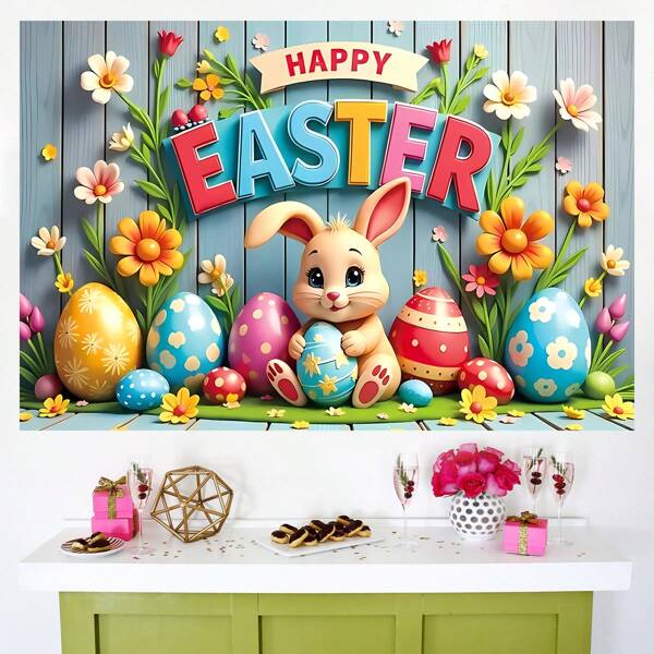 1 pezzo Decorazione da parete per stanza, sfondo decorativo con coniglietto di Pasqua e uova, perfetto per decorare una stanza per feste di compleanno, non lavabile, dimensioni 210x150/150x100/100x75 cm