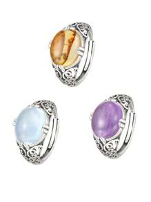 1pc 10*12mm Natural Amber Ring S925 Sterling Silver Vintage Gorgerous Gems Aquamarine/Amethyst Men Women's Ring Mother's Day Gift Jewelry Accessories