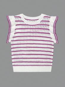 Chaleco de punto a rayas de ganchillo para mujer, blusa de manga corta con cuello redondo y volantes, de peso ligero