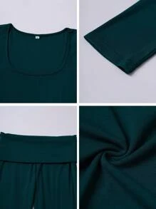 GAOVOT Women's Y2K Style Fitted Sexy Solid Color Square Neck Long Sleeve Top & Flared Pants 2-Piece Sportswear Set, Spring/Summer - 綠色 - 查看 10