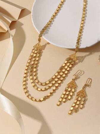 1 Set de joyas con collar y pendientes de cadena de eslabones de cobre chapado en oro de 24K hecho a mano con borla, adecuado para uso diario de mujeres y como regalo para festividades