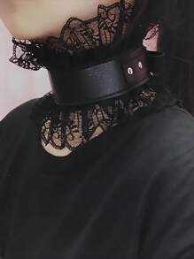 1pc Women's Retro Princess Style Faux Leather Floral Lace Ruffle Collar Gothic Victorian Choker Necklace, Suitable For Christmas, Carnival Party - Black - View 11