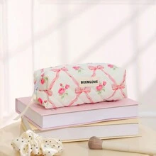 1 件可爱蝴蝶结绗缝化妆包，时尚便携女士拉链化妆包，多功能旅行化妆品收纳包，大容量、可爱设计化妆包，适合旅行、日常使用、居家、美容收纳