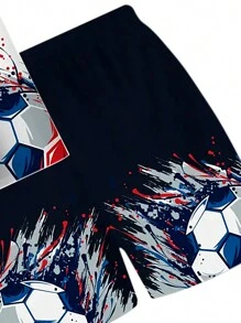 2pcs/Set Boys' Fashion 3D Soccer Print Crew Neck Casual Loose Comfortable T-Shirt And Shorts Set, Suitable For Outdoor Sports