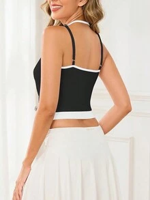 Women's Strappy Colorblock Crop Top, Backless Spaghetti Strap Cami Tank Tops For Summer Vacation