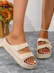 全新时尚女士厚底舒适 EVA 柔软轻便双带优雅沙滩软垫拖鞋 - 米色 - 查看 2