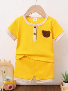 2pcs Toddler Unisex Cartoon Bear Graphic Yellow Short Sleeve Top + Shorts Set, Holiday Casual Suitable For Outdoor Activities