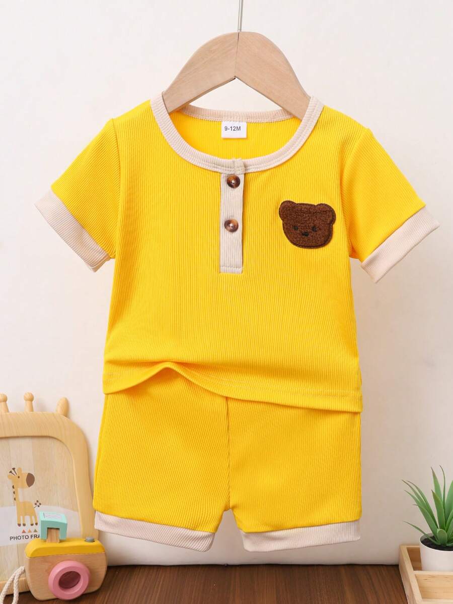 2pcs Toddler Unisex Cartoon Bear Graphic Yellow Short Sleeve Top + Shorts Set, Holiday Casual Suitable For Outdoor Activities