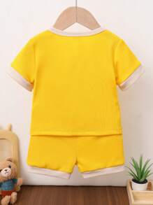 2pcs Toddler Unisex Cartoon Bear Graphic Yellow Short Sleeve Top + Shorts Set, Holiday Casual Suitable For Outdoor Activities
