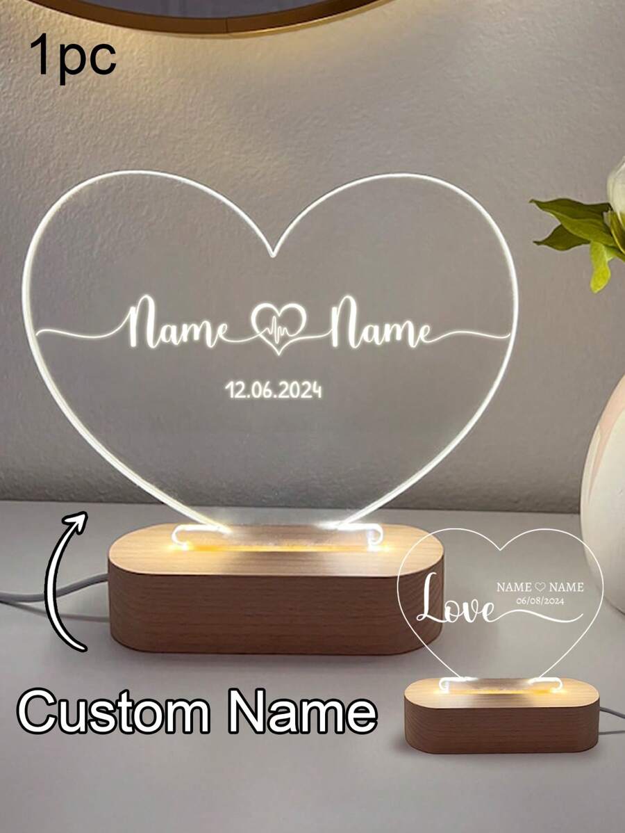 LICVIC 1pc Customized Name Heart-Shaped Acrylic Lamp, Personalized Text/Date Acrylic Decor, Acrylic Decor With Base - Style a - View 1