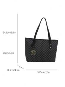 欧美跨境个性大容量字母简约印花托特包新款女士菱格通勤单肩包 - 黑色 - 查看 9