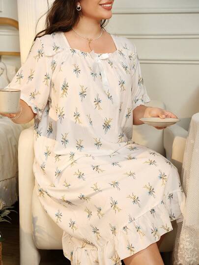 RS 加大码女式睡衣小麦植物印花优雅可爱泡泡雪纺荷叶边方领睡衣、长款睡裙、睡衣裙、Moo Moo 睡裙