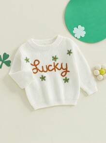 Suéter con bordado de trébol y letras para niñas y niños pequeños, jersey de manga larga para bebés, ropa de Irlanda, tops casuales de primavera - Blanco marfil - Ver 2