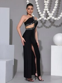 Modphy Sexy Asymmetrical Neck Hollow Out Sparkly Rhinestone Detail Cutout Waist Slit Bandage Dress, Elegant Formal Party Evening Gown, Wedding Guest Dress - Black - View 4