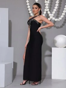 Modphy Sexy Asymmetrical Neck Hollow Out Sparkly Rhinestone Detail Cutout Waist Slit Bandage Dress, Elegant Formal Party Evening Gown, Wedding Guest Dress - Black - View 6