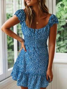 2026 Hot Bohemian StyleSummer Women's Smocked Ruffle Floral Tie - Front Short Dress - 藍色 - 查看 5