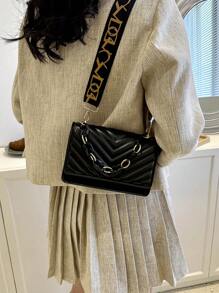 Women's Fashionable Wide Strap Acrylic Chain Small Square Crossbody Bag, Minimalist Design, Versatile For Work & Daily Use - Black - View 4