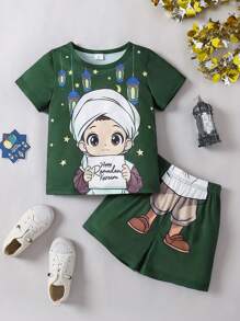 2 件装男童印花卡通男孩星星短袖衬衫 + 短裤套装（春夏）