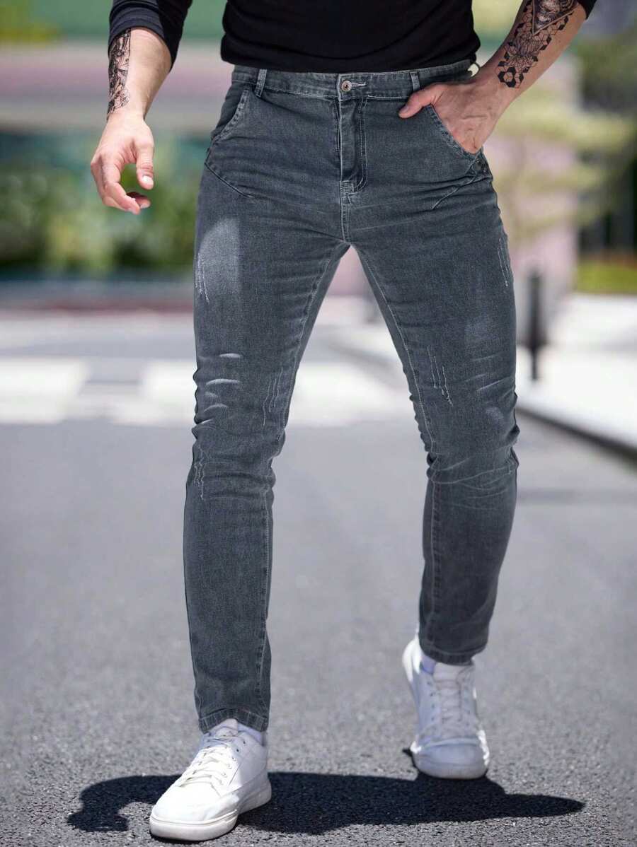 Slim Fit Stretch Distressed Cat Whisker Hem Jeans, Washed Denim Pants For Men - Grey - View 1