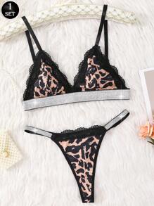 1 conjunto de lencería sexy con encaje de estampado de leopardo para mujer, conjunto de sujetador y bragas para mujer