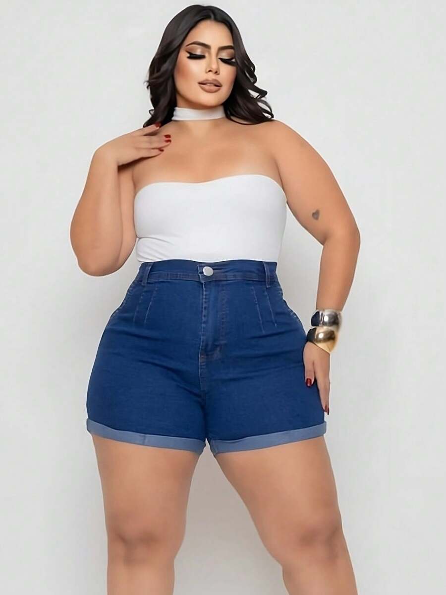 Plus Size Denim Shorts With Laycra, High Waist, Folded Hem - Azul Marino - Ver 1