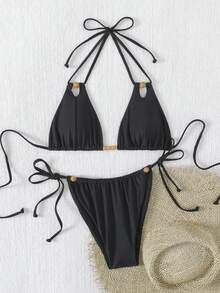 全新软杯吊带露背性感细肩带比基尼套装泳装套装，适合夏季海滩度假