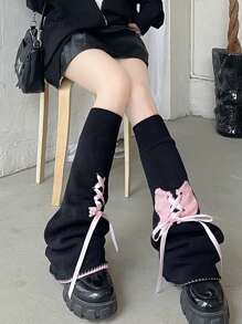 1 pieza Conjunto de piernas anchas de estilo Lolita para mujer, calentadores de piernas con diseño de corazón de cinta de estilo Y2K lindos y dulces, diseño de puños de encaje