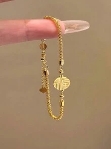 1pc Stainless Steel Fashionable Luxury Creative New Chinese Double-Sided Fu Symbol Bracelet, Light Luxury, Niche, High-End Aesthetic Metal Ball Lucky Pendant Titanium Steel Accessories For Women