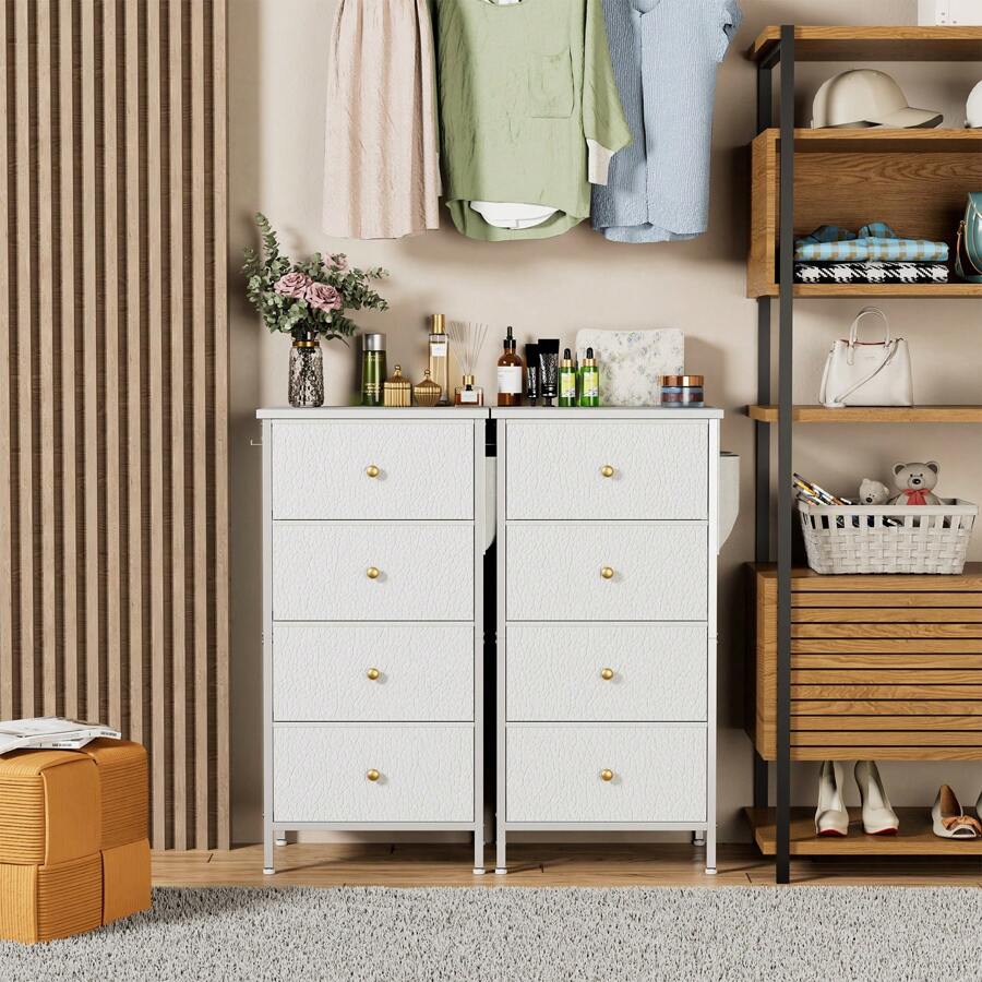 GipGiper 卧室梳妆台，4 个储物抽屉，高大的布艺衣柜收纳柜，塔式家具，带木质顶部金属框架，用于衣服返校宿舍收纳