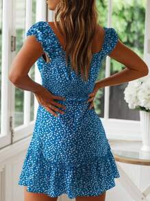 2026 Hot Bohemian StyleSummer Women's Smocked Ruffle Floral Tie - Front Short Dress - 藍色 - 查看 2
