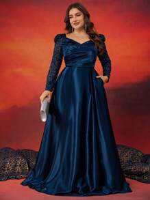 XUIBOL Elegant Plus Size Women Sequin Satin Splicing Figure-Hugging V-Neck Long Sleeve Dress With Folds And Pockets, Graceful Formal Gown For Banquet, Mother Of The Bride Dress, Party Dress, Wedding Guest Dress, Evening Dress - 藏蓝色 - 查看 1