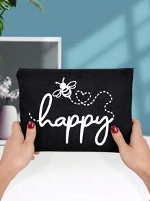 Make-uptas met opdruk van de letters "Happy" en een klein bijenpatroon - lichtgewicht en geurloze reistas van polyester, geschikt voor natuurliefhebbers en vrouwen, leuke multifunctionele canvas tas in cartoonstijl, perfect cadeau voor tieners, verjaardags- en reisaccessoires, vakantiecadeaus, boho-sfeer, voor strandvakanties, badkamercollectie, slaapkamercollectie, grote capaciteit