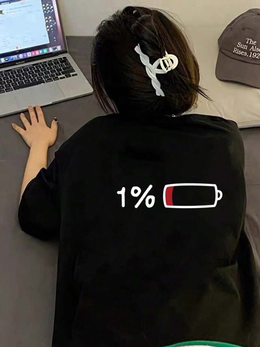 日式女式宽松圆领电池印花短袖T恤，百搭春夏季 - 黑色 - 查看 1