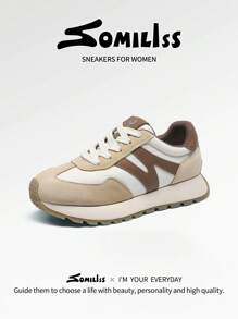somiliss 1 Paar Damen Schnür-Sportschuhe, braune Farbe, Kombination aus Kunstleder und Stoff, rutschfest, bequem, weich, geeignet für Studenten, Laufen, klassisch modische flache Tennis Outdoor Walkingschuhe