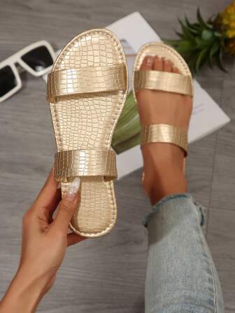 女士圆头金色休闲平底凉鞋，百搭时尚夏季平底鞋