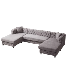 126-Inch Modern Style Chenille Three Piece Sofa Pull Point Design U-Shaped Sofa Two Chaise Longue Seats Two Pillows And Plastic Feet Suitable For Living Room Bedroom Lounge And Projection Room