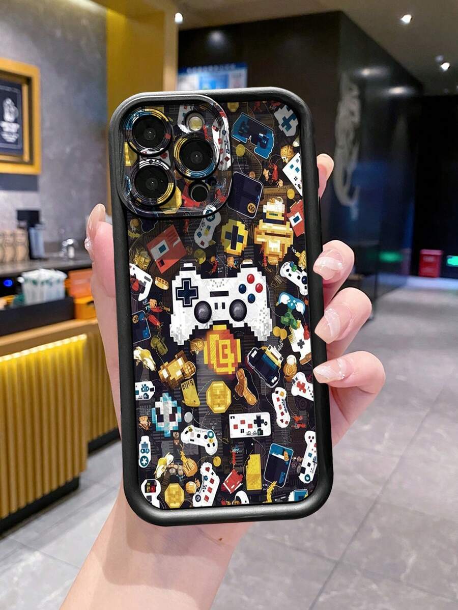 1pc Shockproof Phone Case With Mosaic Pattern Camera Handle Compatible With Iphone/Compatible With Galaxy/Compatible With Infinix/Compatible With Redmi/Compatible With OPPO/Compatible With VIVO//Compatible With Realme/Compatible With MOTO/Compatible With Itel/Compatible With Tecno,International Version, Not The Domestic Version, - Black - View 1