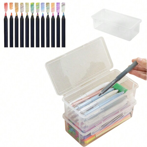 12-Farben Feinspitze Markerset und 1 Stück transparente Aufbewahrungsbox - leuchtende Farbstifte zum Zeichnen, Schreiben und Basteln, inklusive klarer Organizer Aufbewahrungsbox für einfache Lagerung und Tragbarkeit