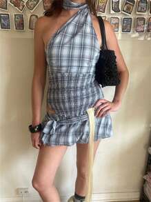 Women Y2k Bubble Mini Skirt Sets 2 Piece Outfit Halter Neck Backless Going Out Crop Tank Tops Low Rise Plaid/Dots Print Summer Puff Gingham Mini Skirt Set With Belt Party Clubwear Summer Streetwear Aesthetic Clothes - 淺灰色 - 查看 4