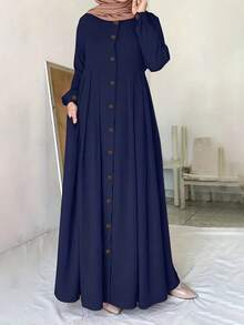 Ramadan Button Front Ruched Dress, Modest Puff Sleeve Maxi Dress, Women's Clothing - Blue - View 2