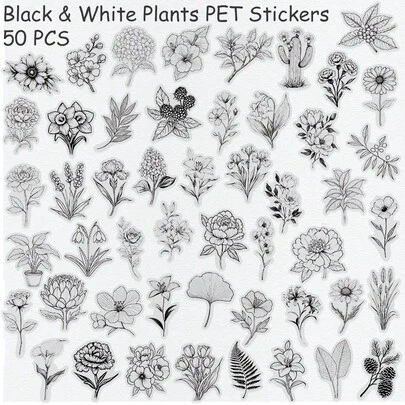 50pcs Black Simple Plant Stickers, Waterproof PET Transparent Decals For Laptop, Water Bottle, Journal, Diary, Phone, DIY Decoration