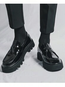 Men's Formal Shoes With Tassel Decor Loafers, Glossy Lightweight Sole, Comfortable - Black - View 7
