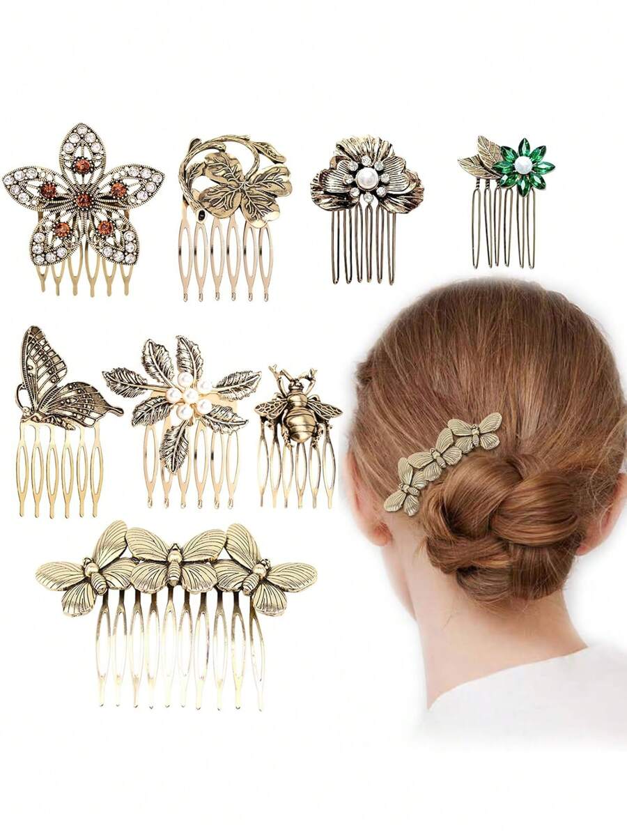 Vintage Hair Side Combs For Women Decorative, Retro Gold Pearl Rhinestone Metal Hair Comb Clips With Teeth Grip Crystal Bridal Hair Piece Pins For Wedding Accessories - Multicolor - View 1